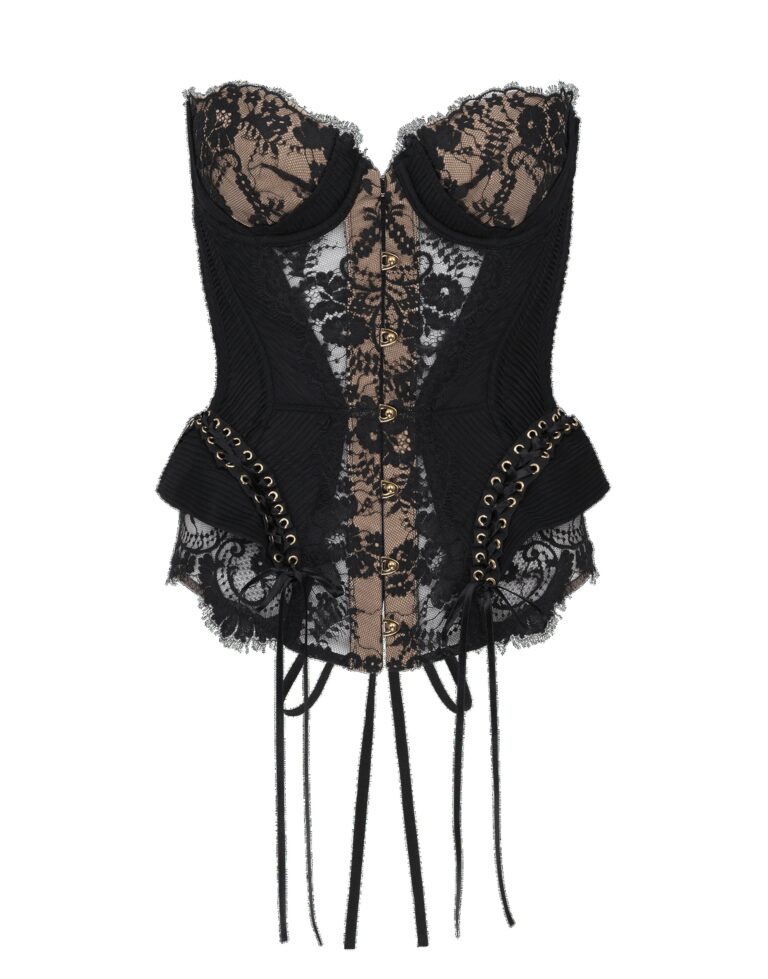 Black lace corset with nude mesh panels, gold hook fastening, lace-up sides and peplum frill detail Agent Provocateur Raphaella