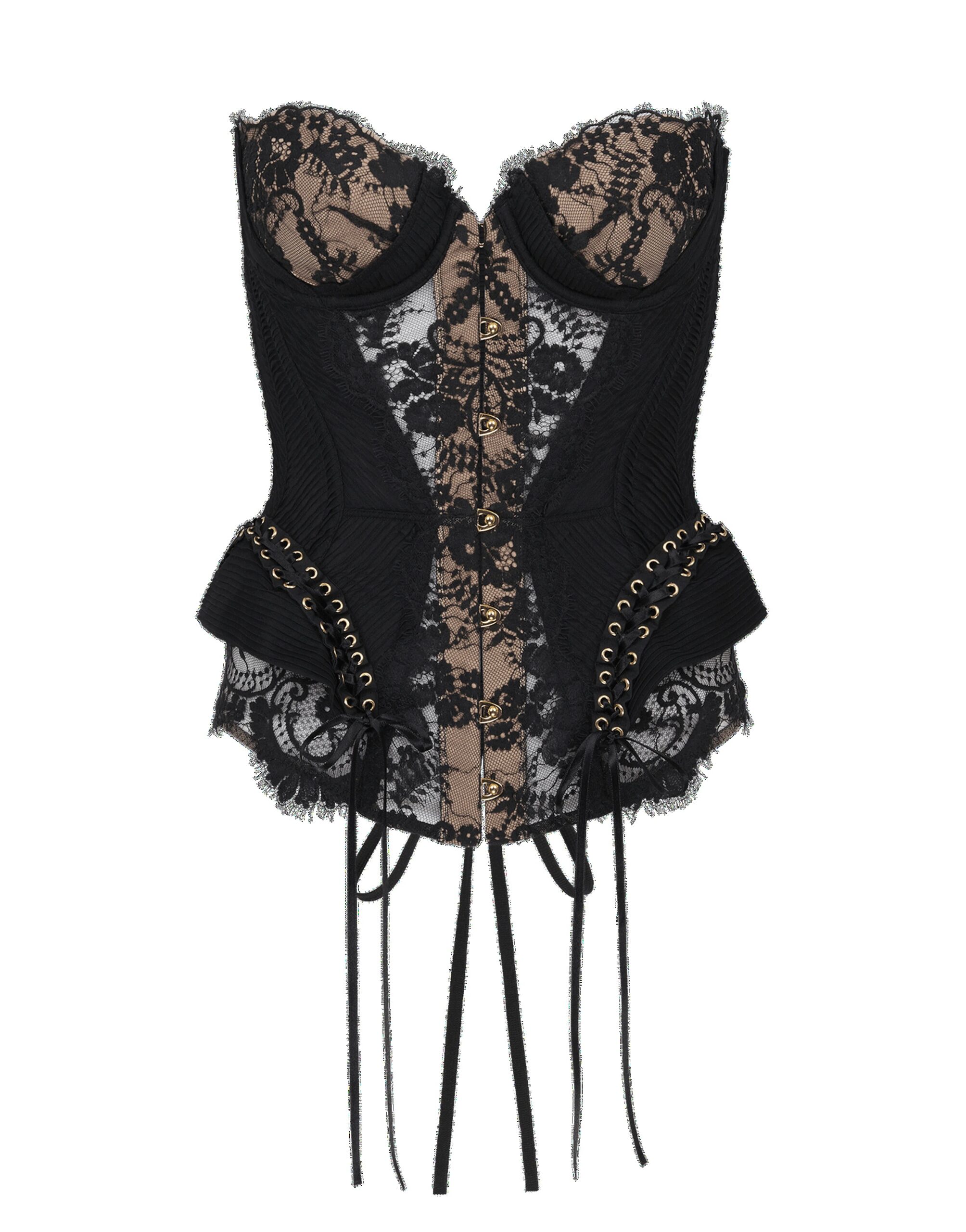 Black lace corset with nude mesh panels, gold hook fastening, lace-up sides and peplum frill detail Agent Provocateur Raphaella