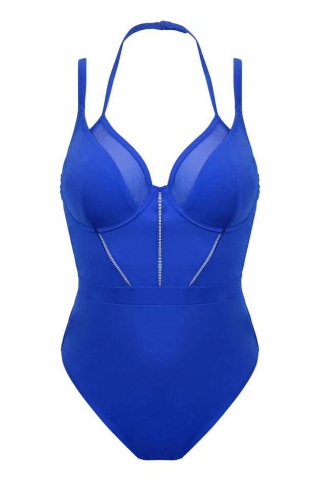 Cobalt blue halterneck swimsuit with mesh panel, underwired cups and silver chain detail